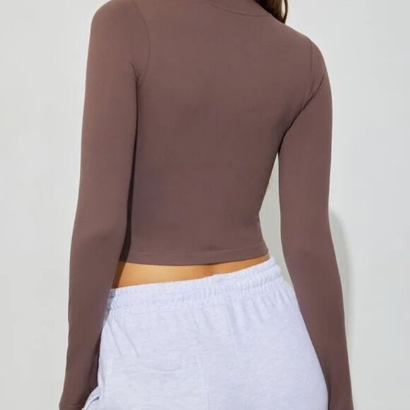 Brown Zip-Up Crop Jacket - Long Sleeve Activewear Top - Picture 6 of 6